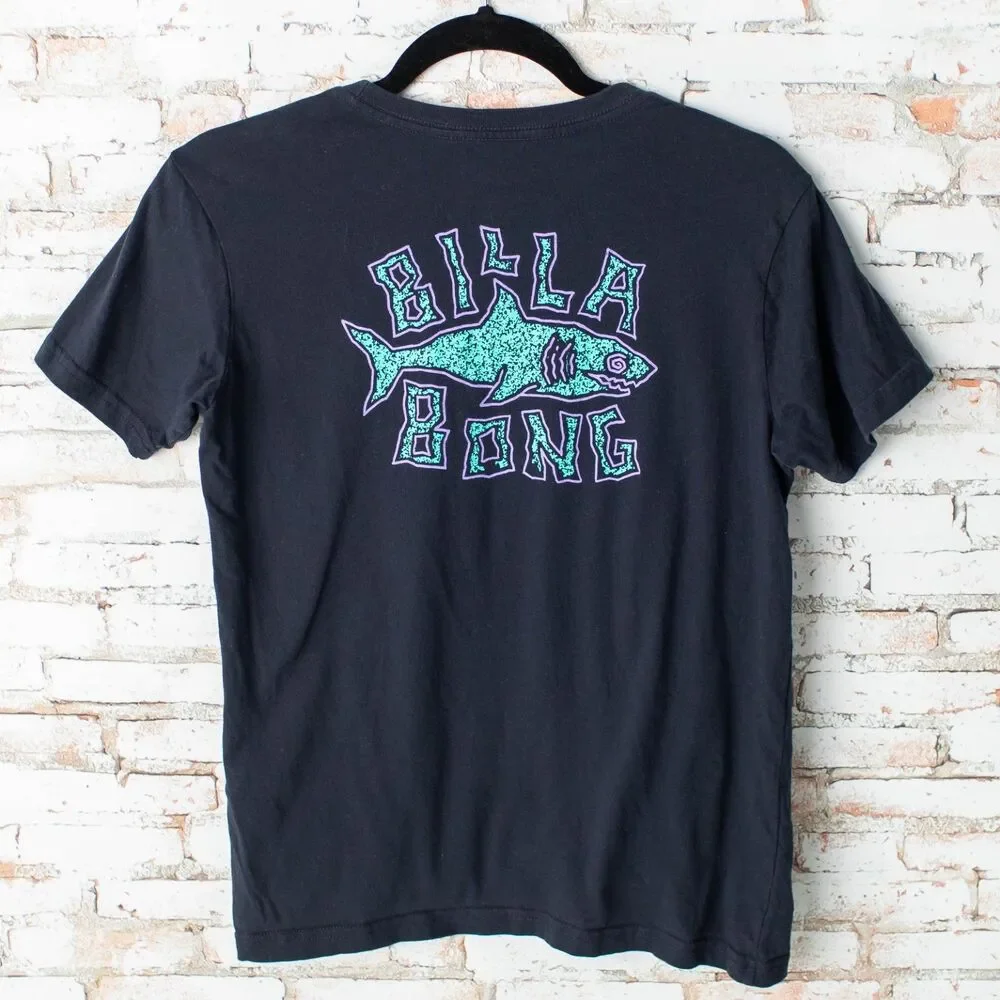Billabong Boys L 14 T-Shirt Black Shark Graphic Logo Skate Surf Short Sleeve